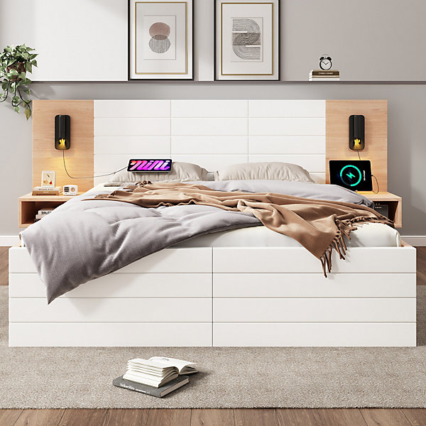 Lit double king effet bois avec 2 tiroirs USB chêne/blanc