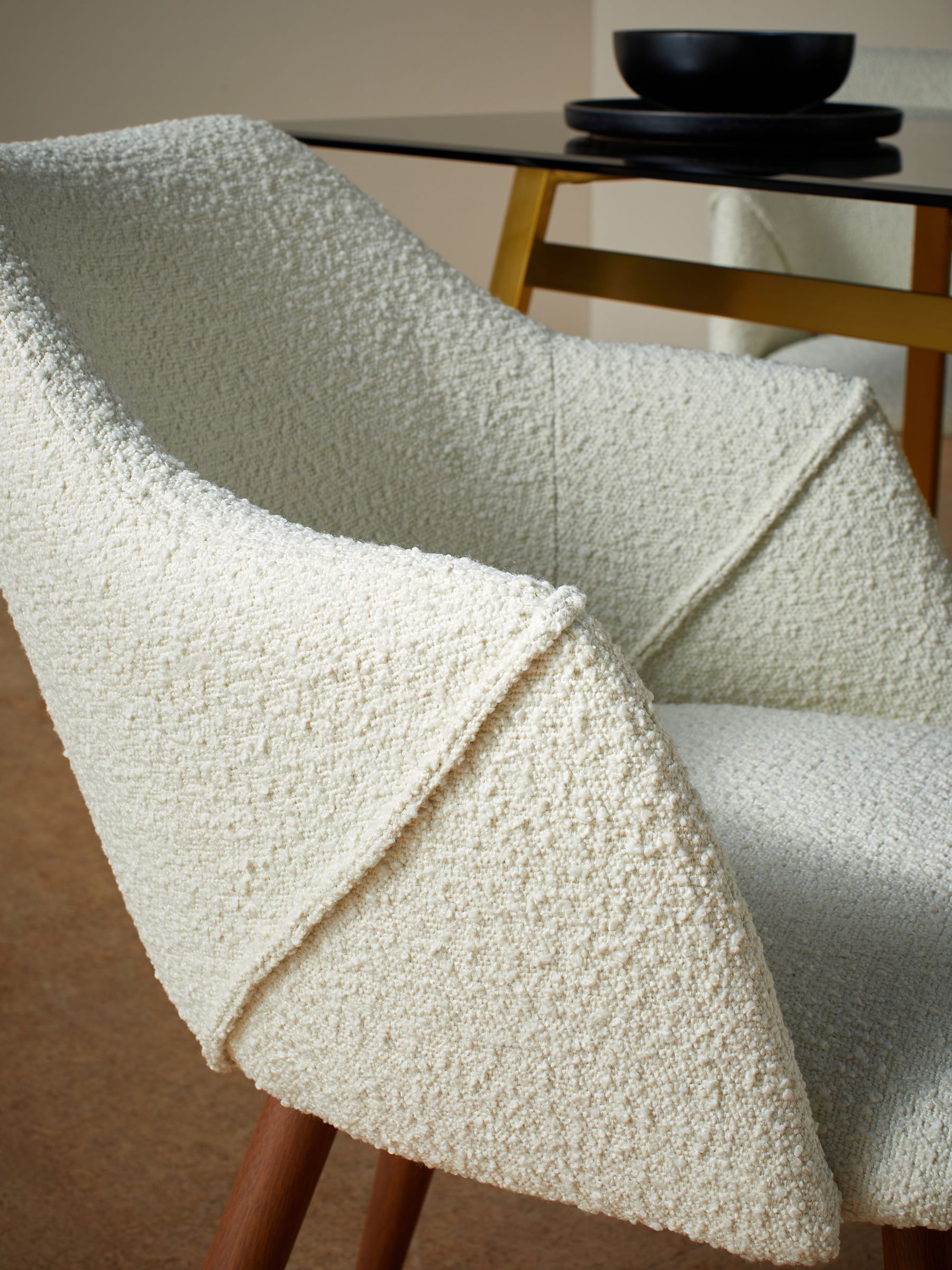 Set of 2 Lule Arm Dining Chairs in White Boucle and Walnut Effect Legs