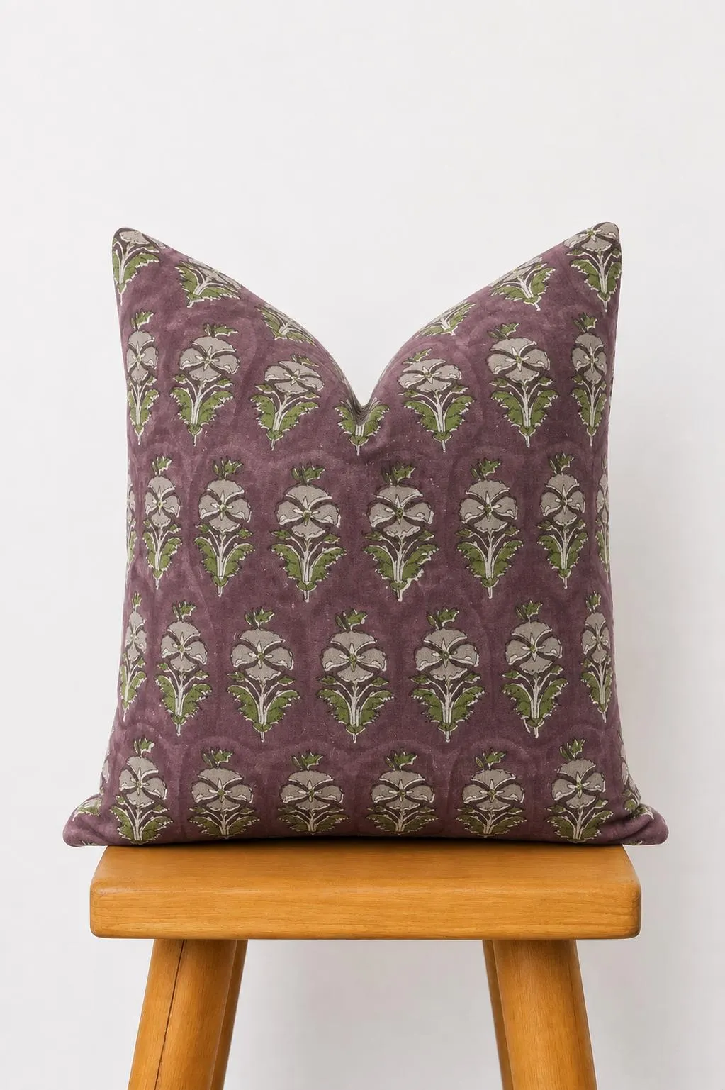 Plum Hand Block Print Pillow, Floral Decorative Cushion Cover for Bench or Sofa