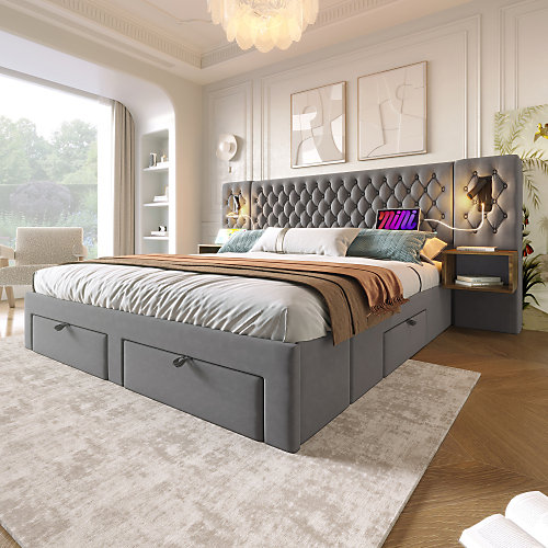 Lit adulte en velours 180x200 cm - avec 2 chevets et 4 tiroirs - 2 liseuses avec prise USB - Gris (matelas non inclus)