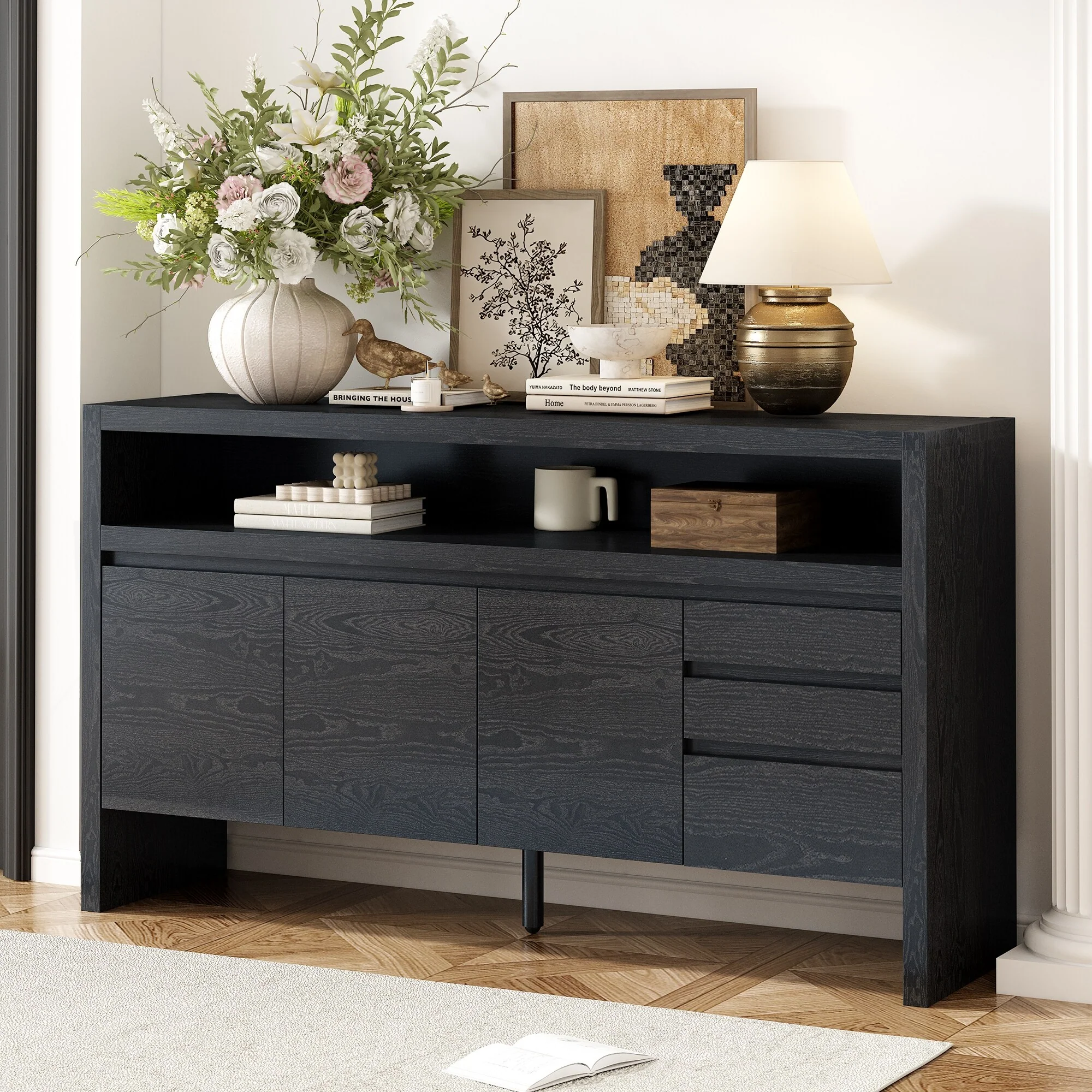 60 3-Door Sideboard with 3 Drawers - Modern Solid Ash Veneer MDF Sideboard, Semi-Open Shelf & Center Semi-Circular Cutout