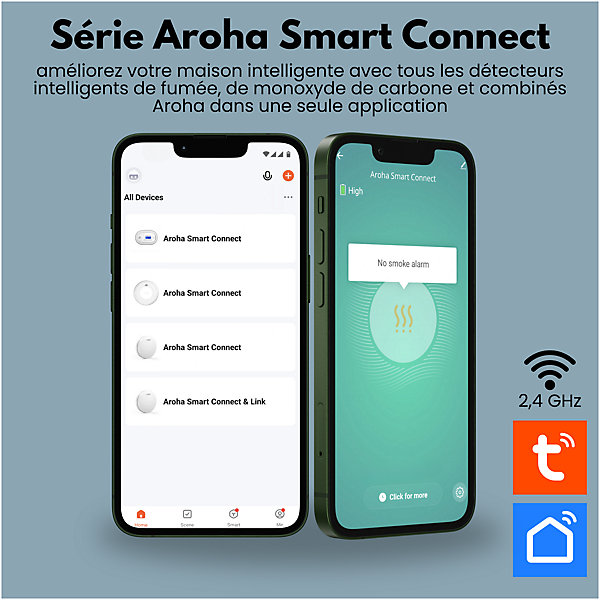 Détecteur de fumée WiFi Aroha Smart Connect - Batterie 10 ans - Alarme incendie connecte avec Tuya et Smartlife - 2 pièces
