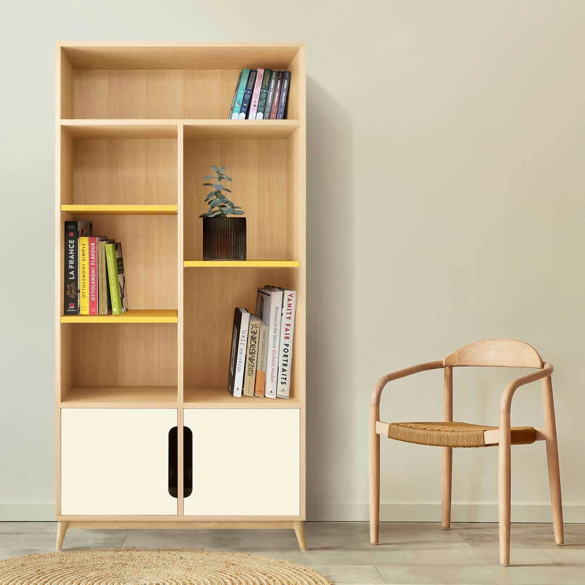 BOOK - Bibliotheque peu profonde bicolore blanc sable et jaune, 2 portes.