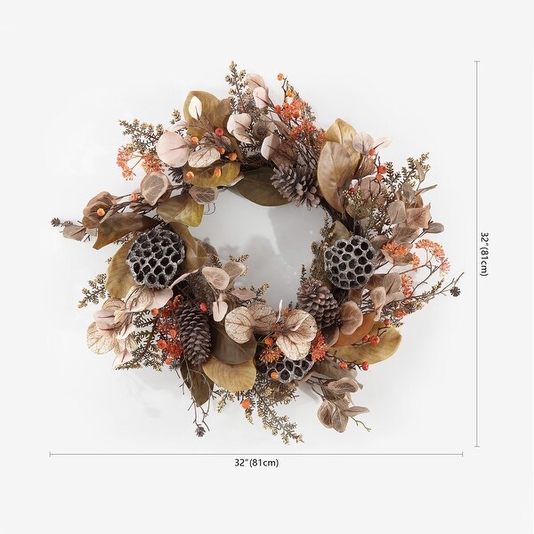 SAFAVIEH Faux 32 Inch Eucalyptus & Lotus Wreath W/ Pine Cones - 32" W x 32" D x 9" H