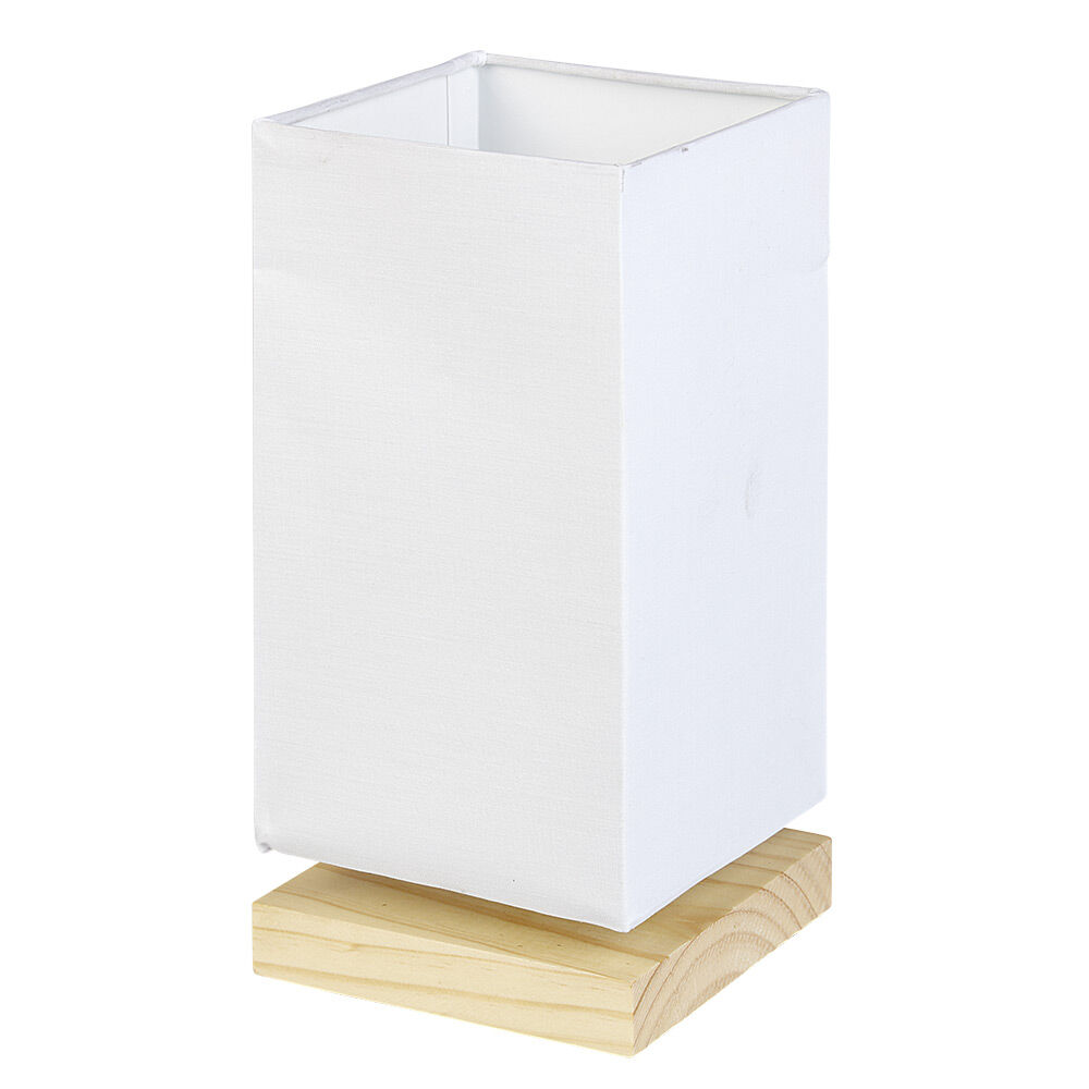 Lampe de chevet abat jour blanc sur base carrée en pin naturel
