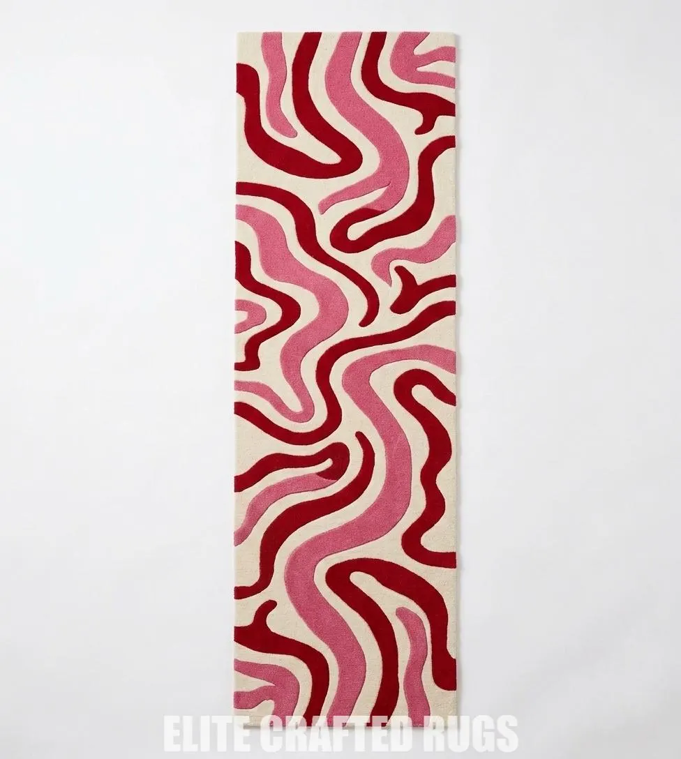 Retro Wavy Runner Rug, Hand Tufted Pink Red Hallway Carpet, Groovy Danish Pastel Wool Area Rug, Custom Modern Long Runner for Entryway