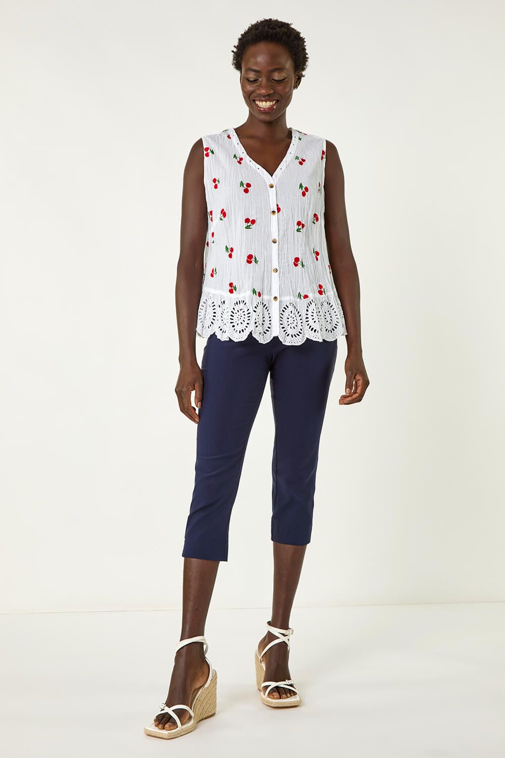 Roman Cherry Print Crinkle Button Blouse