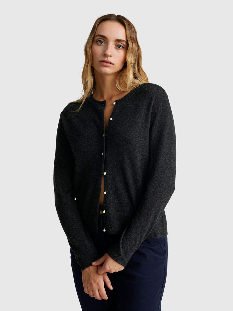 Charcoal gray cardigan in pure Merino wool