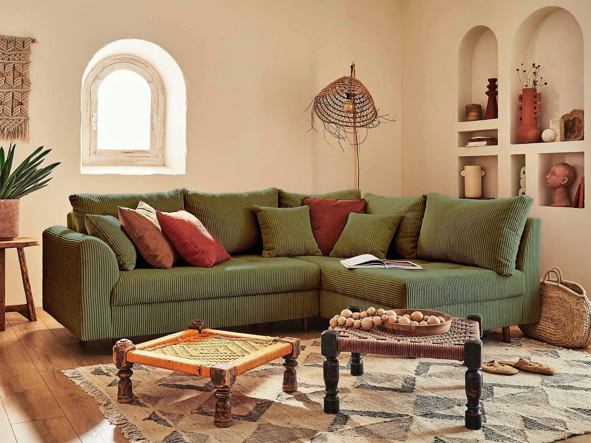 RUNE - Canapé d'angle droit 4 places en velours côtelé vert