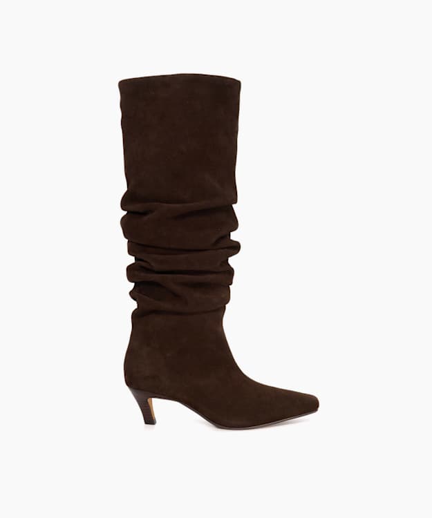 Saunders Brown - Ruched Suede Knee High Comma Heel Boots