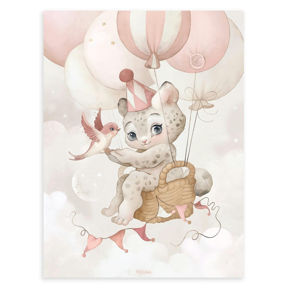 SELENE - Affiche enfant guépard dans les airs en Papier Rose