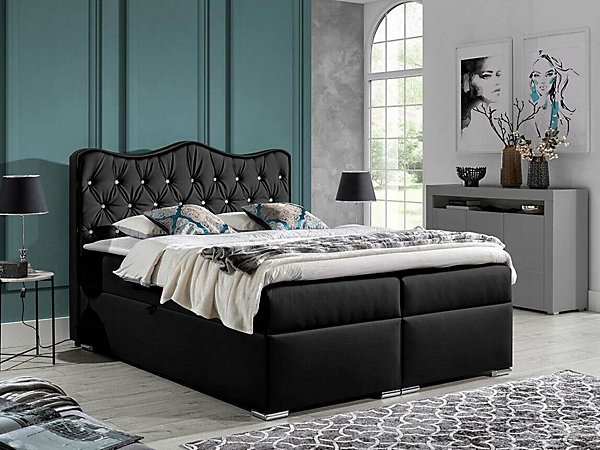 Lit continental Baltimore 162, Double, Noir, Faux cuir, Disponible