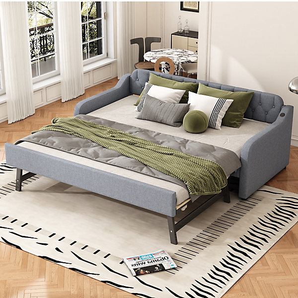 Lit Gigogne 90x200 cm - Lit Simple avec Rollbed Extensible et Port USB, En Lin et MDF, Sans Matelas, Gris