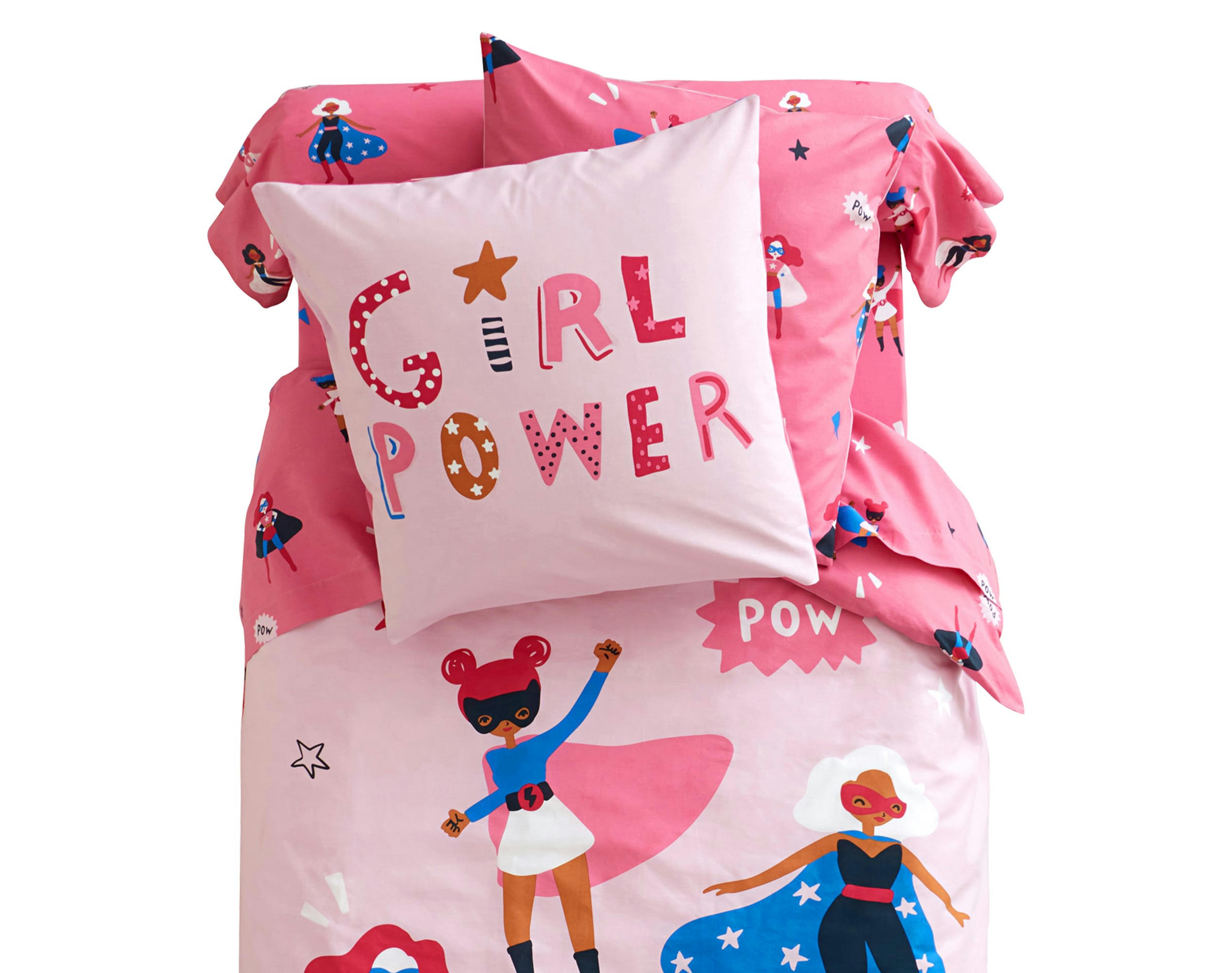 GIRL POWER - Housse de couette enfant réversible 200x200 rose en coton