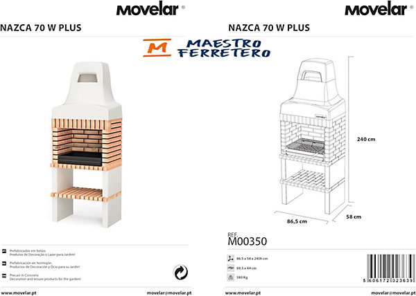 MOVELAR - Barbecue préfabriqué à bois et charbon de bois Nazca 70 (Blanc, Orange - 86,5x58x240 cm) REF : M00350 - Usage Extérieur