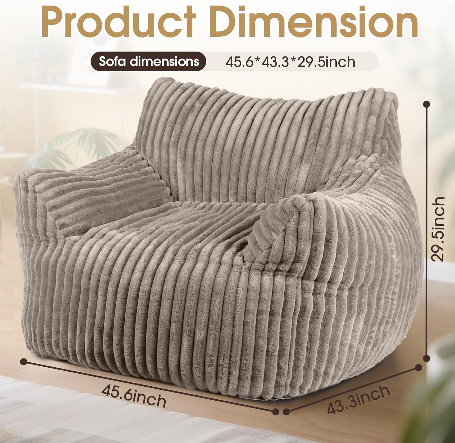 Giant Bean Bag Chair, Oversized Plush Comfy Bean Bag Sofa for Adults and Kids with Armrests, Memory Foam Mini Couch Single Lounges for Living Room, Bedroom & Game Room(Taupe)