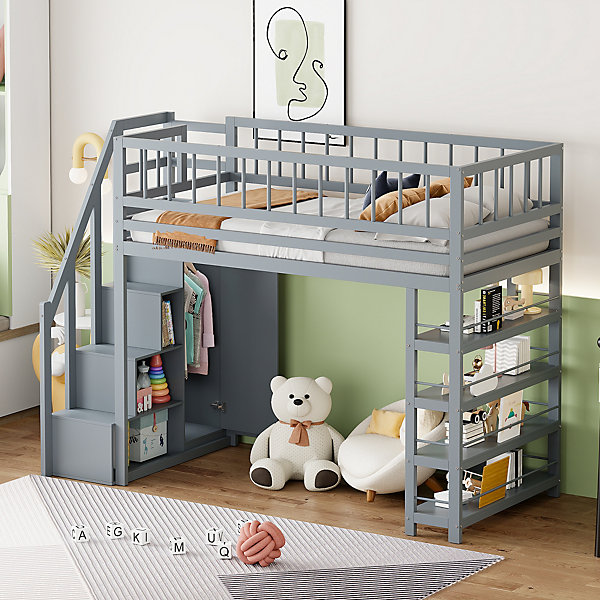 Lit mezzanine 90x200 cm - Lit ados avec clôture, penderie et étagères - Bois - Sans matelas - Gris