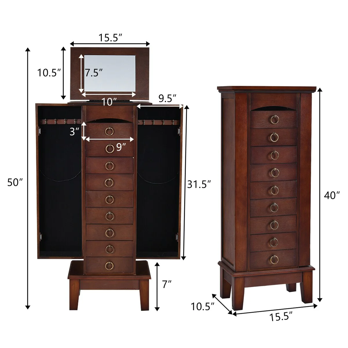 Gymax Jewelry Cabinet Armoire Wood Storage Box Chest Stand Organizer - 10.5'' X15.8''X 40''
