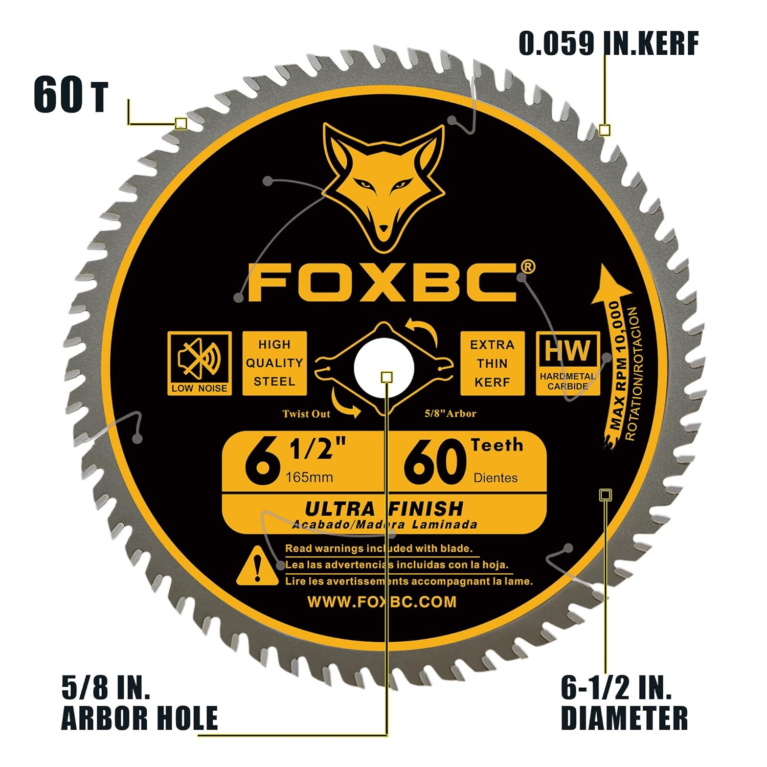 FOXBC 6-1/2 inch Circular Saw Blade Ultra Fine Finish 60-Tooth for Wood Cutting, Thin-Kerf with 5/8 Arbor