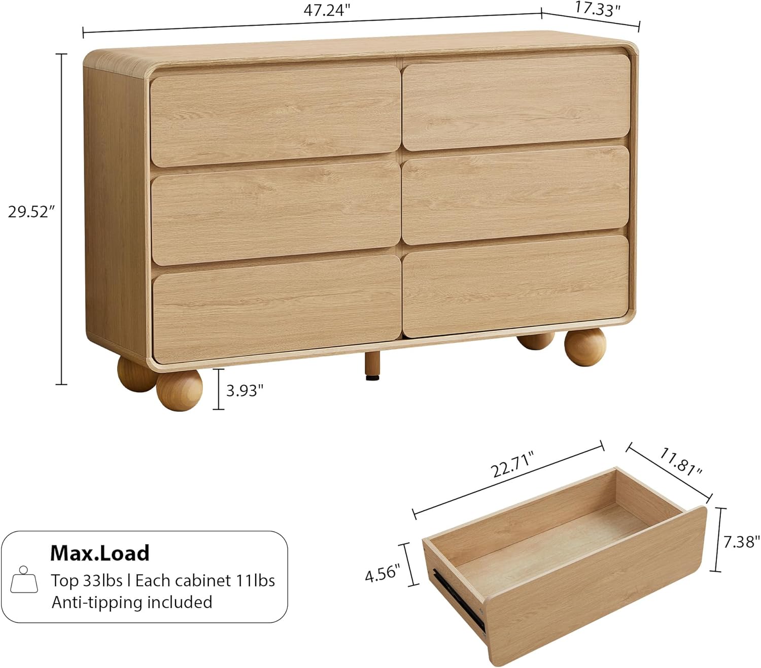 AVZEAR 6 Drawer Dresser for Bedroom, 48 Modern Wooden Dresser Chest of Drawers, Curved Profile Design, Closet Clothes Storage Organizer for Kids Bedroom, Living Room, Nursery, Natural Color