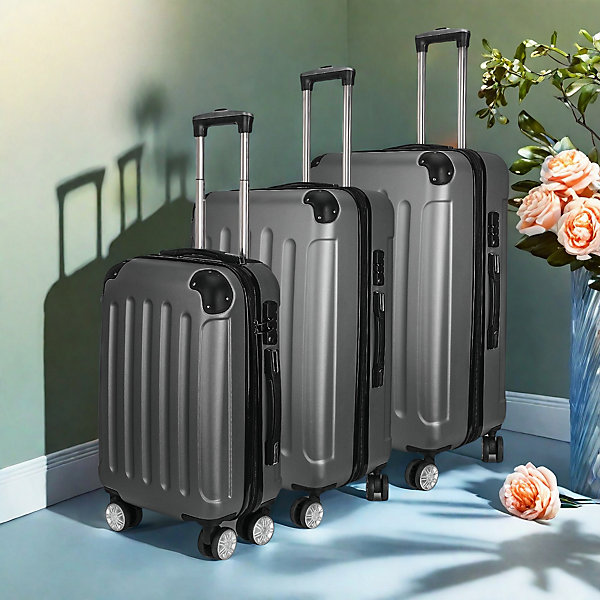 Ensemble de 3 Valises Rigides ABS Gris, Bagage Cabine &Soute, Serrure à Code, Trolley Télescopique, 4 Roues 360