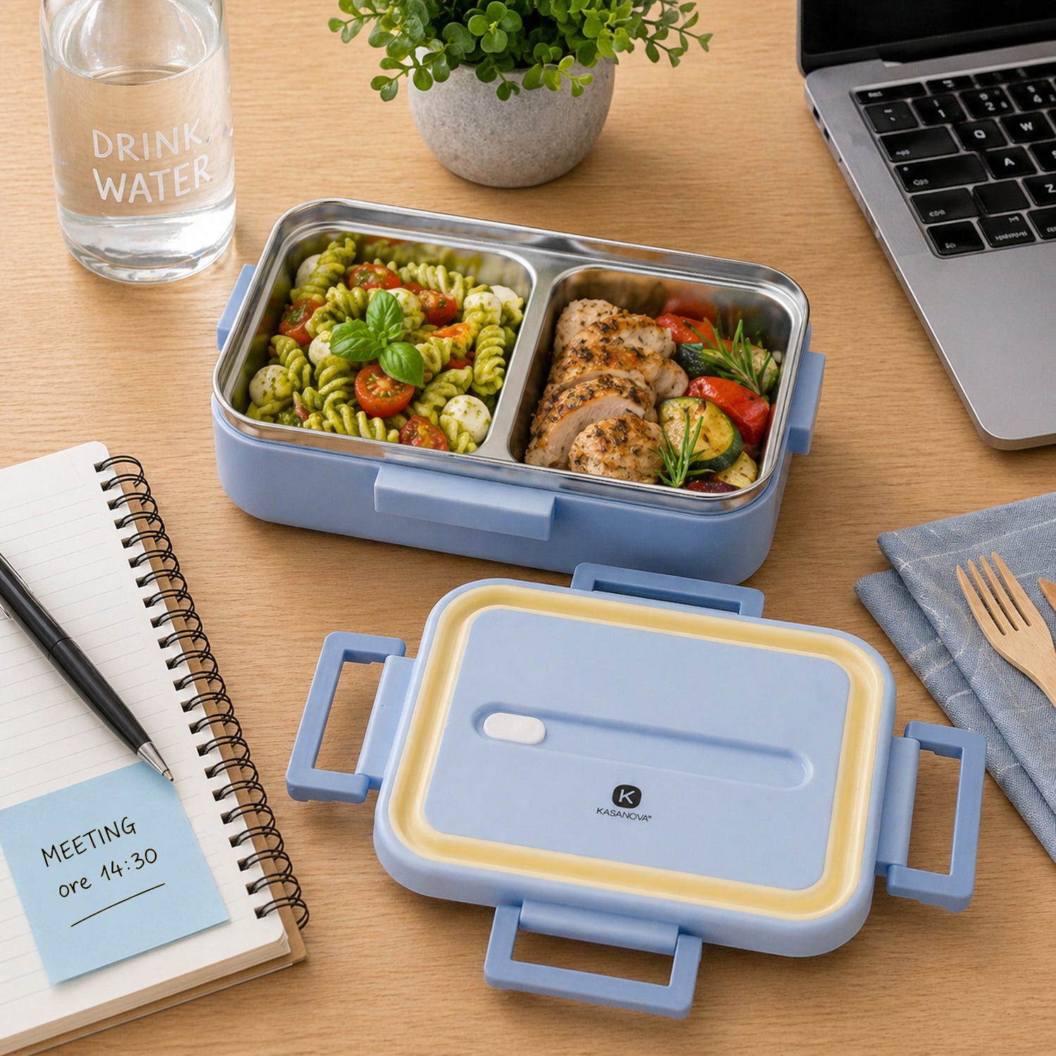 Porta pranzo contenitore acciaio con divisorio 730 ml azzurro