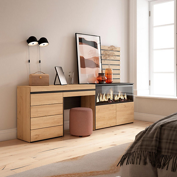 Coiffeuse 234x35x145cm feu led sans chaleur XXL commode buffet chêne