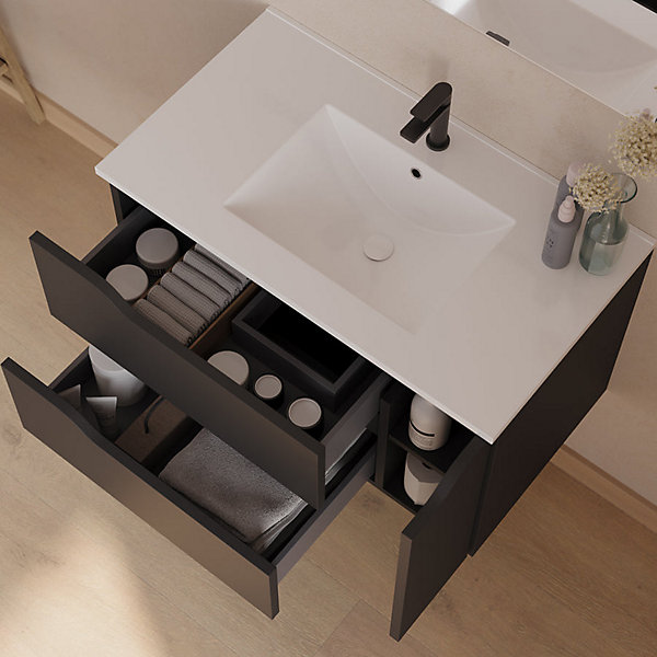 Meuble sous vasque seul, 2 tiroirs et 1 porte, 80cm, vasque centrée - noir - ZARZA