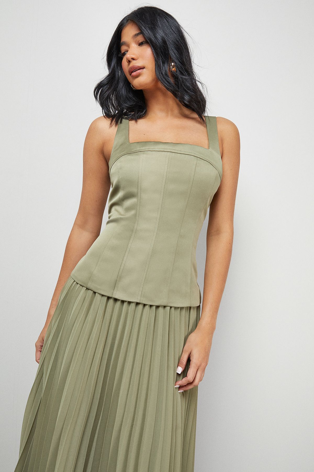 Warehouse Satin Fitted Bodice Chiffon Pleated Skirt Midi Dress