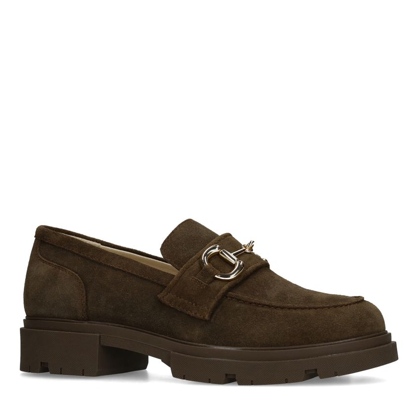 Manfield Bruine suède loafers met goudkleurig detail