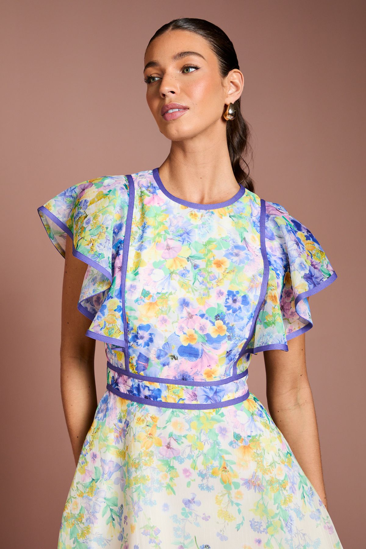 Coast Placement Print Frill Sleeve Midi Dress