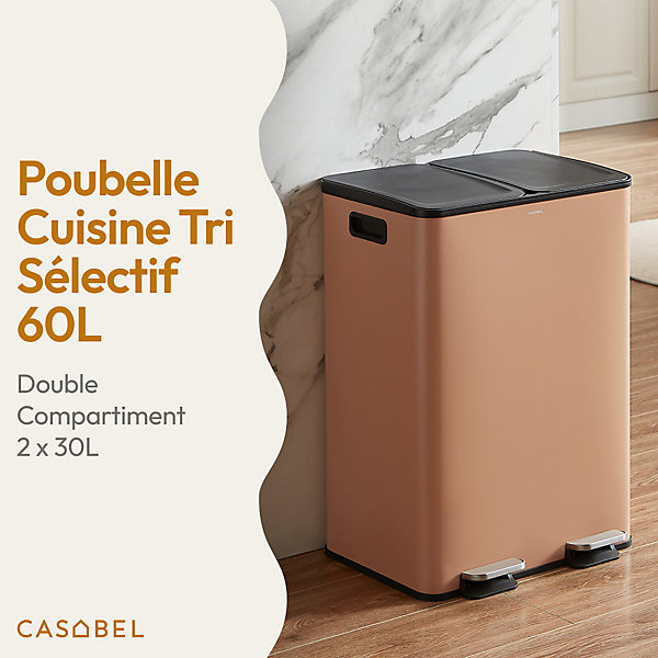 CASABEL Poubelle Tri Selectif 60L, 2x30L Acier INOX TERRACOTTA, Double Compartiments, Pedale, Bacs Amovibles