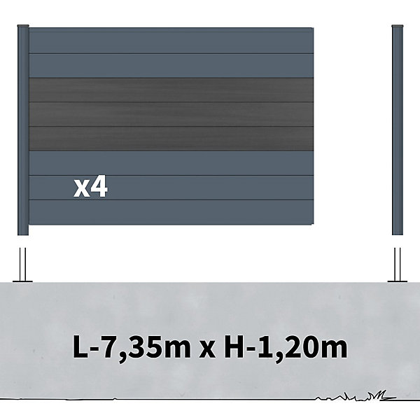 Kit Clôture Aluminium BAHIA &CRUZ Ardoise 7,38x1,2m - Bois Composite &Aluminium - Poteaux Gris - Brise Vue - Palissade