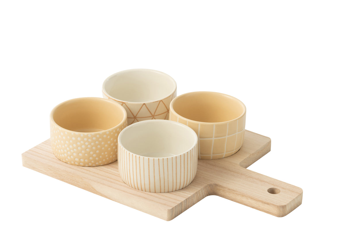 J-Line tapasplank 4 kommen   bambouschaal In Doos - keramiek/hout - wit/creme