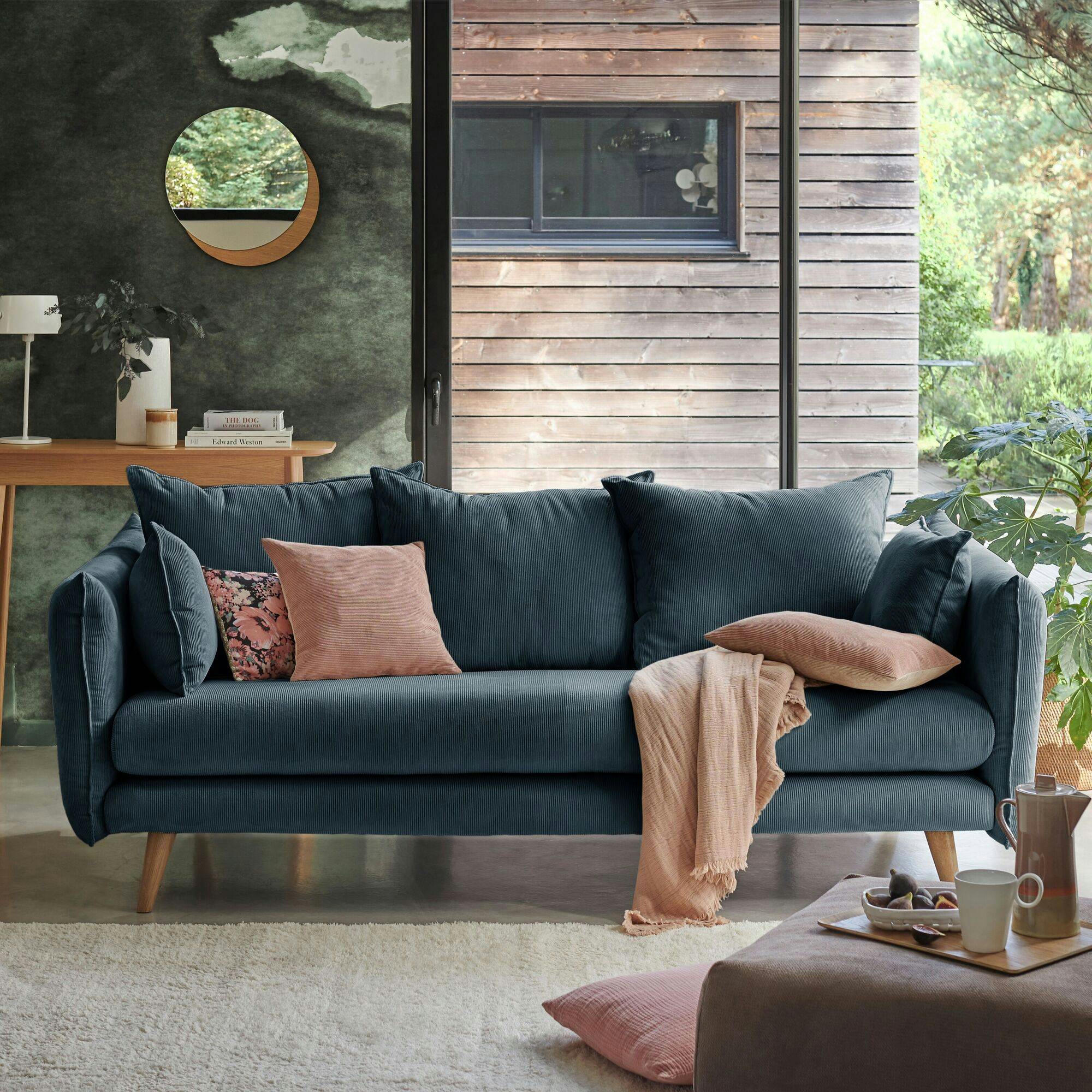 ORION - Canapé velours côtelé Bleu Prusse 4 places