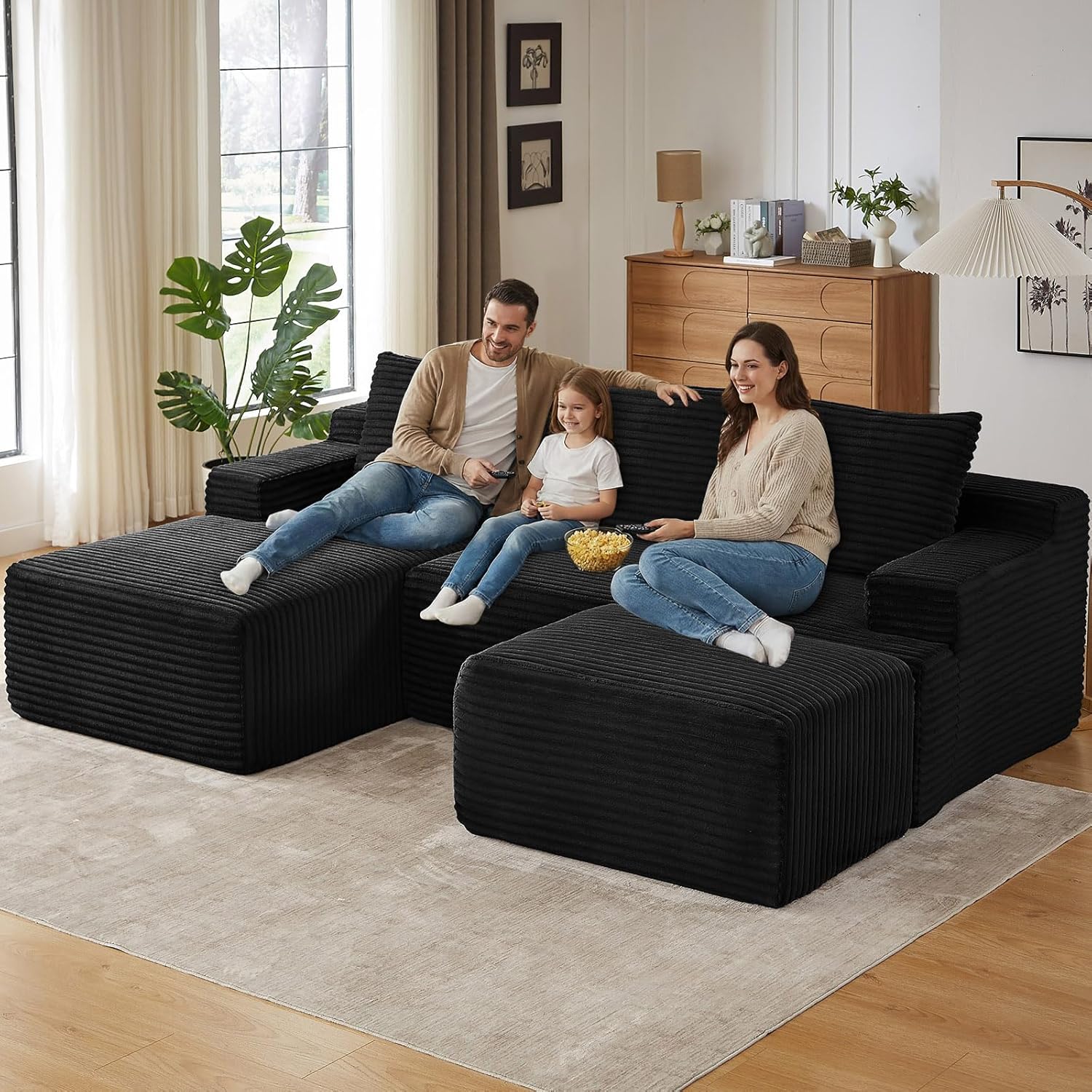 96 U-Shape Cloud Couch, Modern Modular Sectional L-Shape Sofa with Ottoman, Corduroy Upholstered Couches Deep Seat Sleeper Chaise Longue for Living Room, No Assembly Required(Black, Left Facing)
