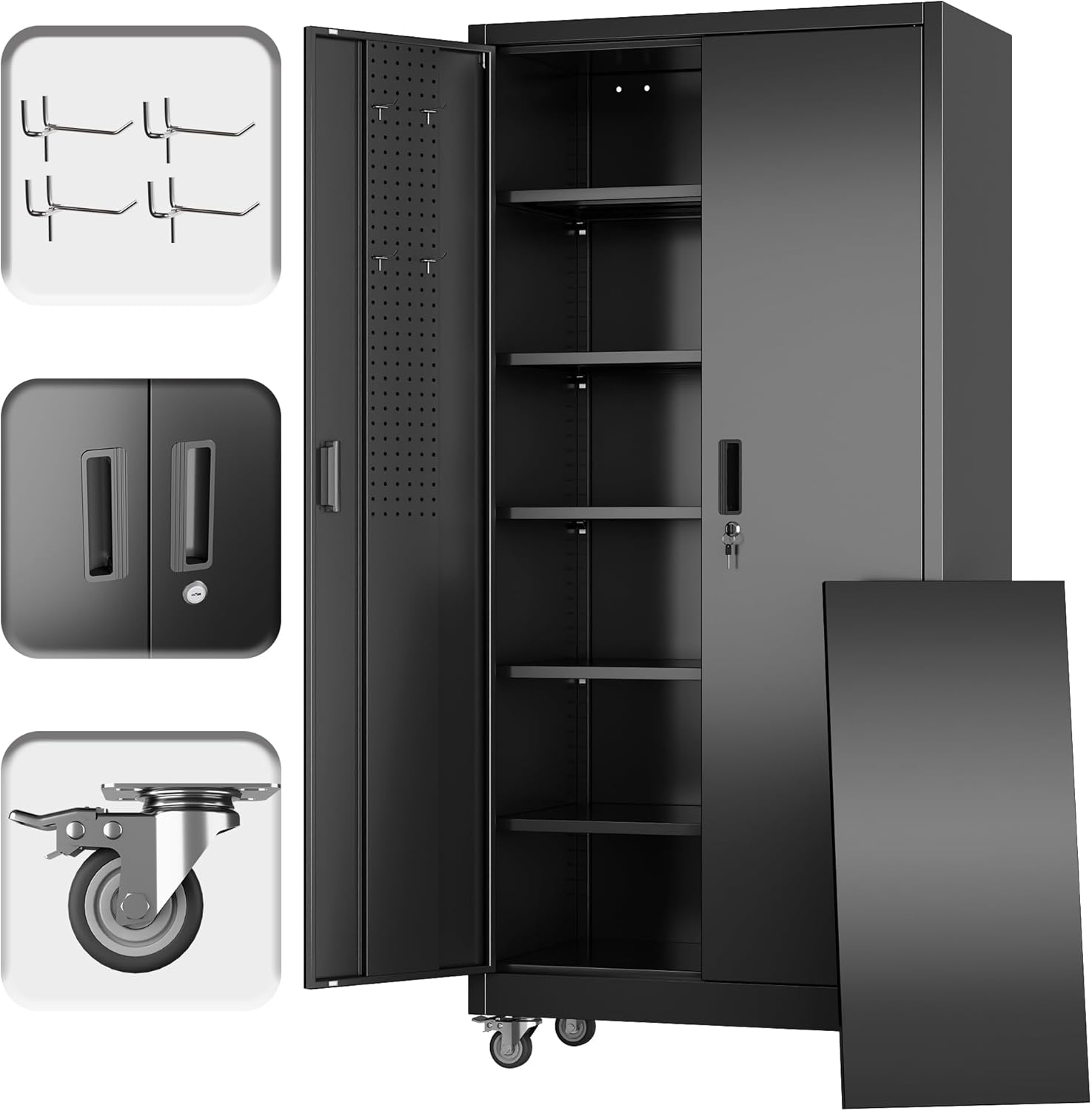 Garage Storage Cabinet with Wheels and Pegboard, Lockable Metal Storage Cabinet with 5 Adjustable Shelves and 4 Hooks for Garage,Warehouse, Assembly Required, Black, 71 H x 34 W x 18 D
