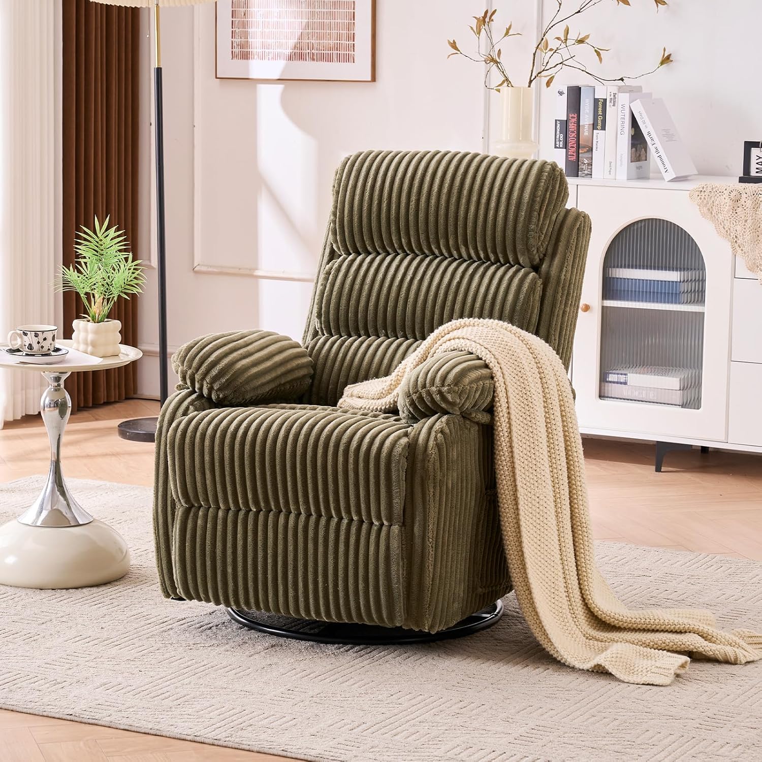 Cloud-Soft Velvet 360° Swivel Rocking Chair Nursery Recliner - High Back Gliding Recliner Chair, Plush Footrest, Supportive Armrests & Side Storage Pocket, Ideal for Nursery & Living Room, Green