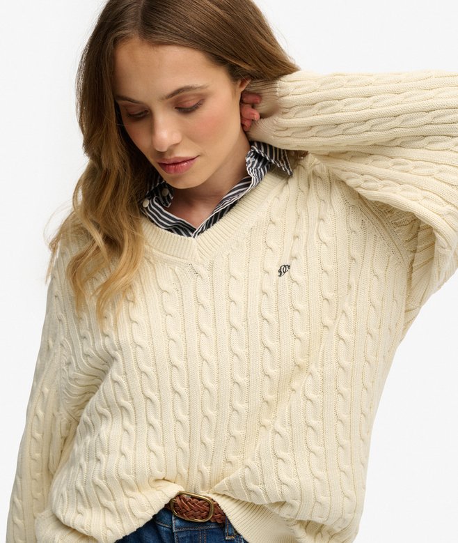 Oversized V Neck Cable Jumper