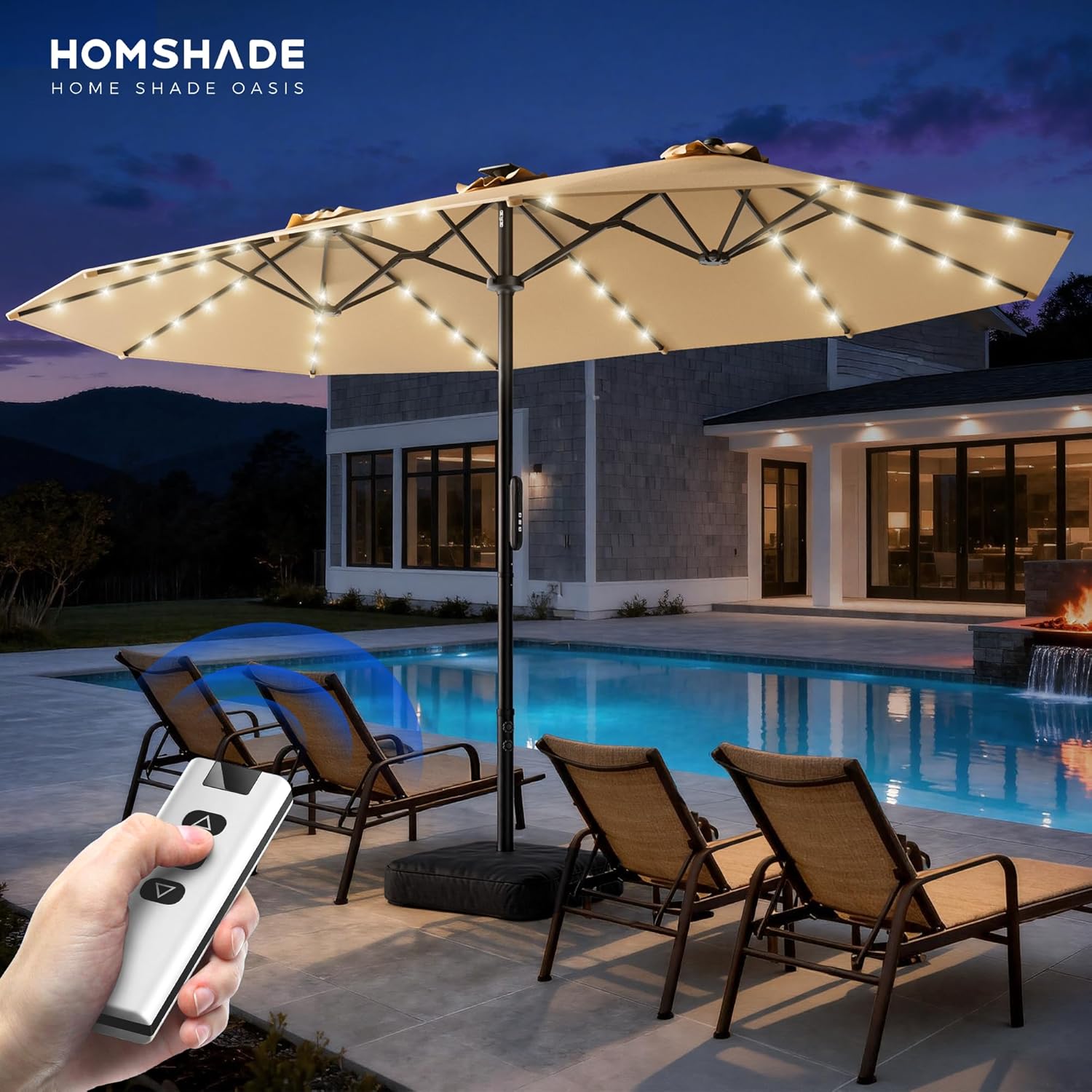 HOMSHADE 15FT Motorized Electric Large Patio Umbrella with Base and Solar Lights Outdoor, Double-Sided Rectangle Umbrella with Remote Control, 30° Auto-Open for Pool Deck Table Market Backyard, Beige
