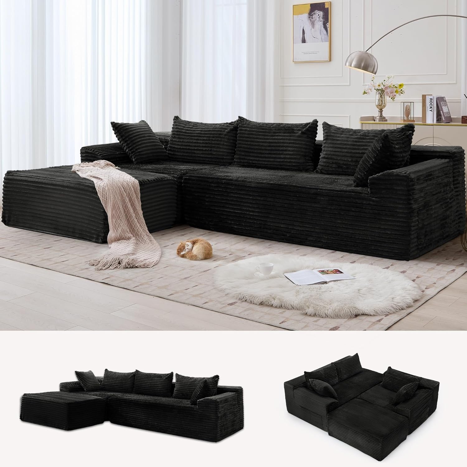 110 L-Shaped Modular Sectional Sofa with Chaise, Boneless Comfy Corduroy Fluffy Couch with Deep Seat and Side Pockets, Flexible Module Combination for Living Room, No Assembly, Side Pockets