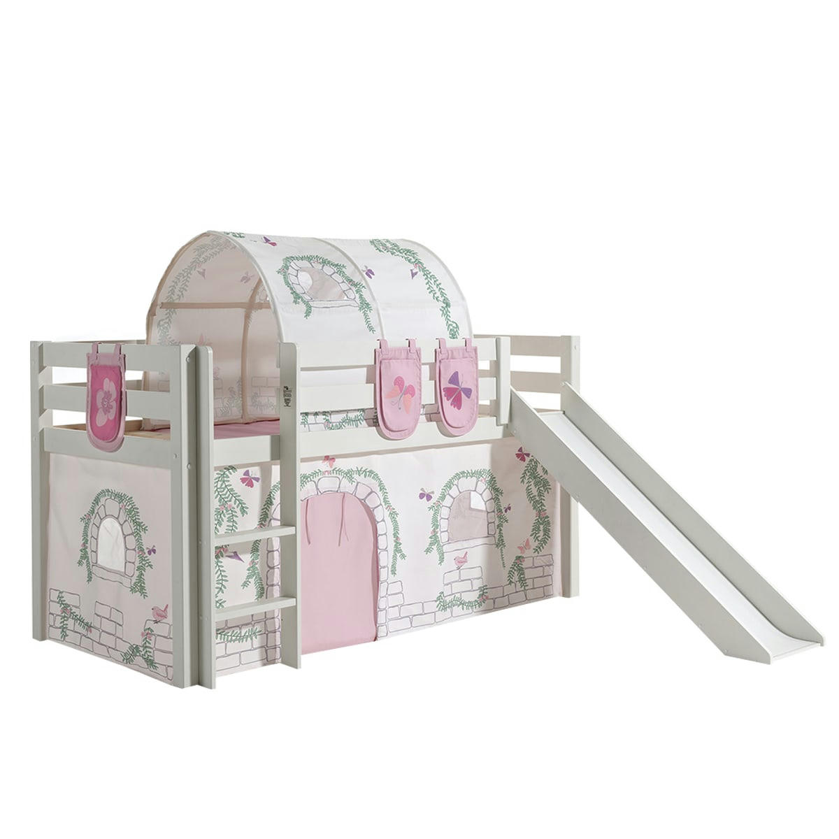 PINO - Lit mi-hauteur 90x200 toboggan sommier inclus housse birdy blanc