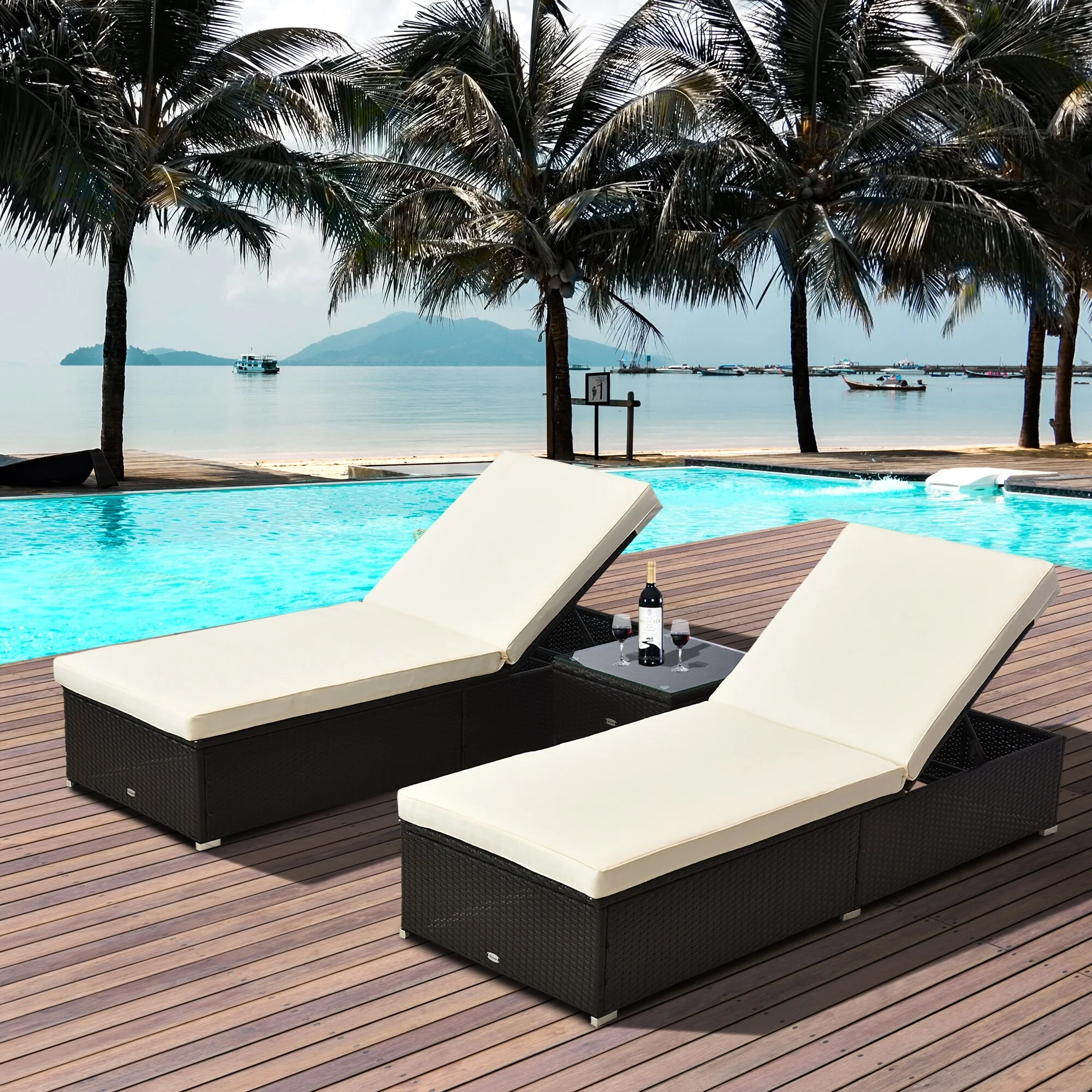 Outsunny 3-Piece Rattan Wicker Patio Chaise Lounge Set with 5 Backrest Angles, Thick Cushions, & Matching Table