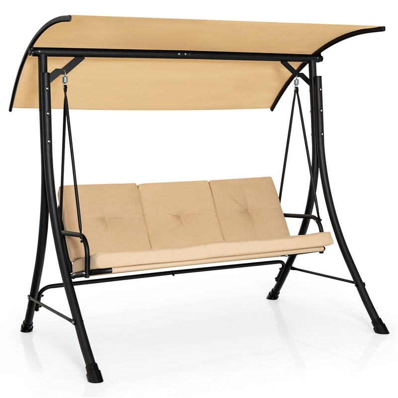 3-Person Porch Swing Outdoor Patio Swing with Adjustable Canopy & Removable Cushions