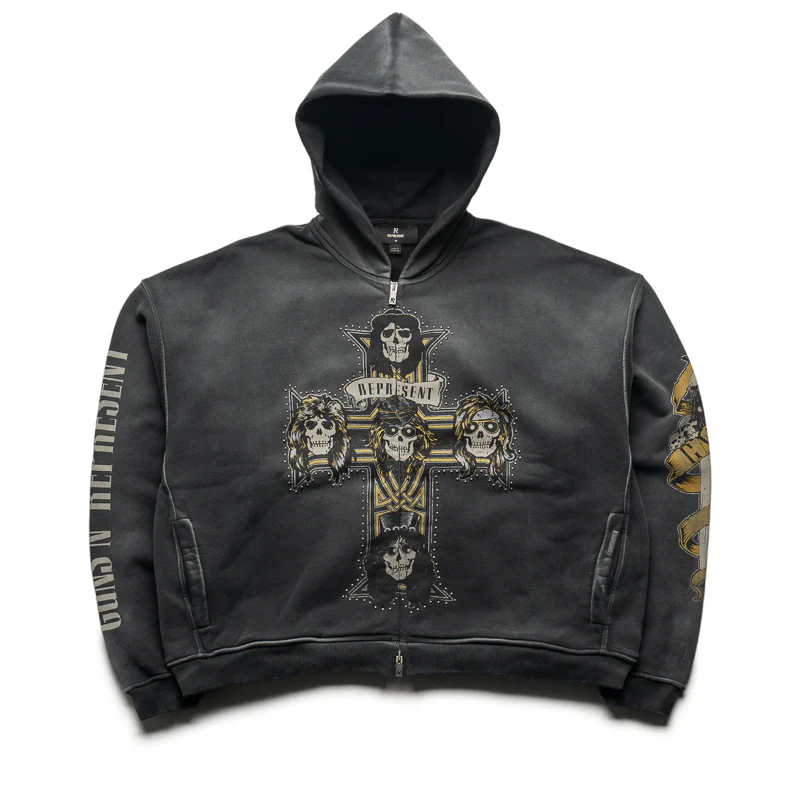 Guns N' Roses x Represent Cross Full Zip Hoodie - Stained Black