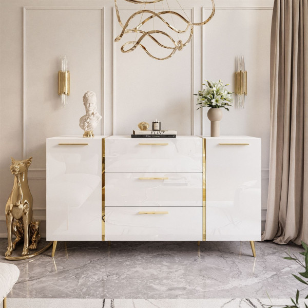 Komoda ONYX biały połysk Złote nóżki 158cm UCHWYTY