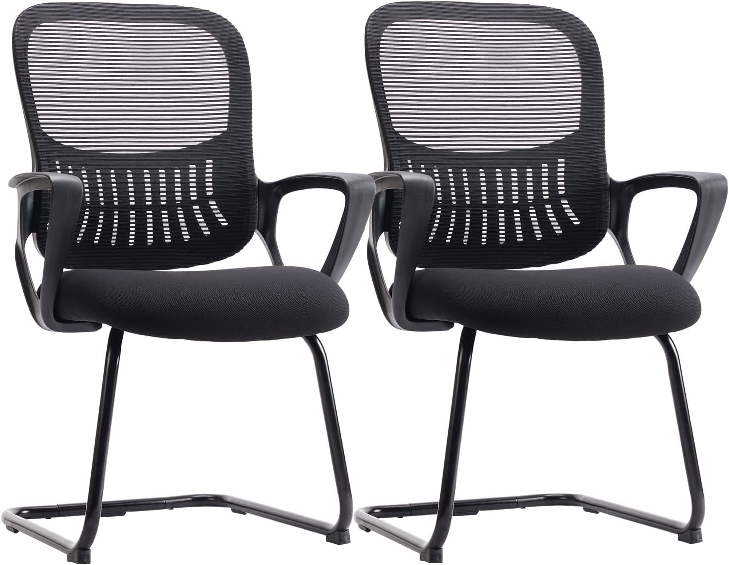 Sweetcrispy Reception Chair No Wheels, Stationary Non Rolling Mesh Mid Back Computer Guest Side with Lumbar Support for Waiting Area Reception Conference Room, Set of 2, Modern Black