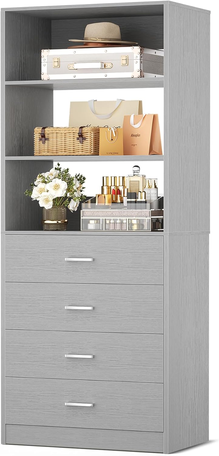 Aheaplus Closet Drawers System, 21.3 Wood Closet Organizer System with 4 Drawers, Modular Walk-in Closets System Storage Unit, Small Closets Wardrobe Rack, Tall Storage Cabinet Unit, Grey1