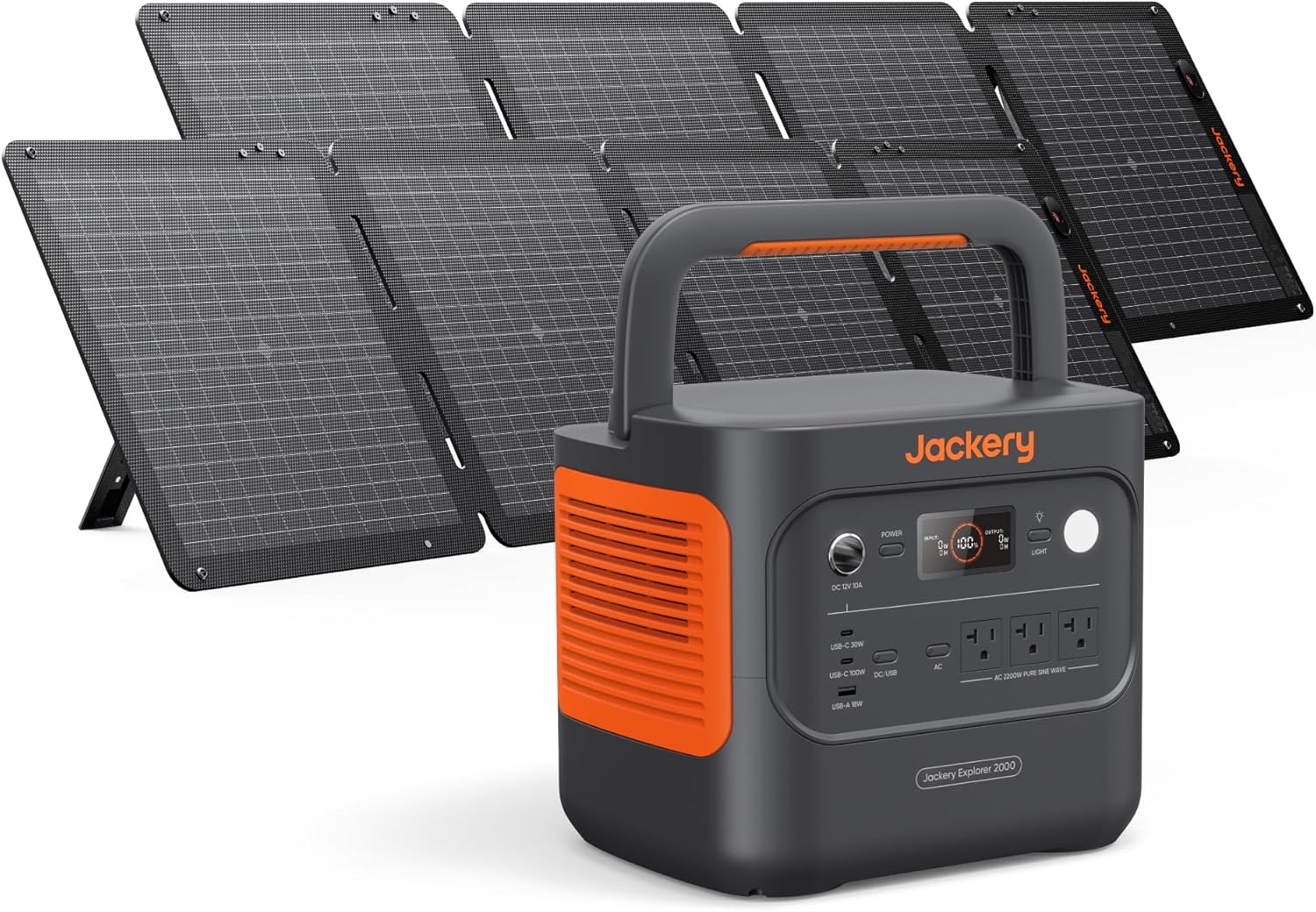 Jackery Explorer 2000 v2 Power Station and 2 * 100W Solar Panels  2042Wh LiFePO4 Home Backup Battery  2200W Solar Generator  USB-C PD 100W Fast Charging for Emergencies  Power Outages  Camping