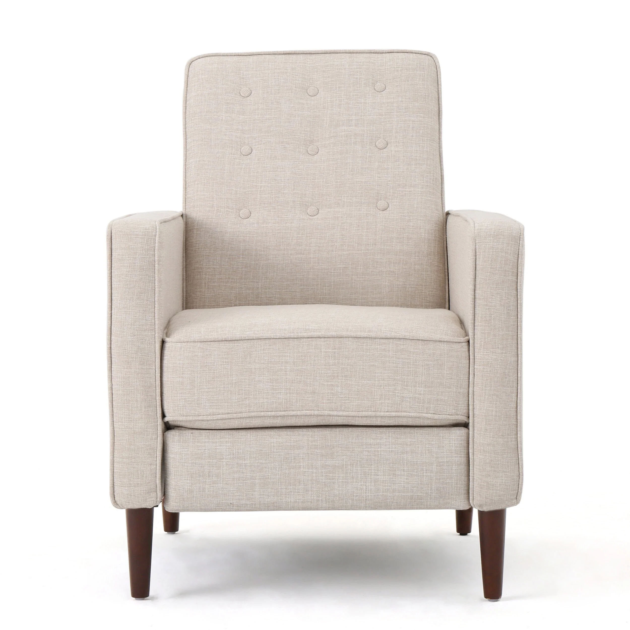 Beige Fabric Mid-Century Upholstered Push Back Recliner with Footrest, Button-tufted Backrest, Beech Wood Legs